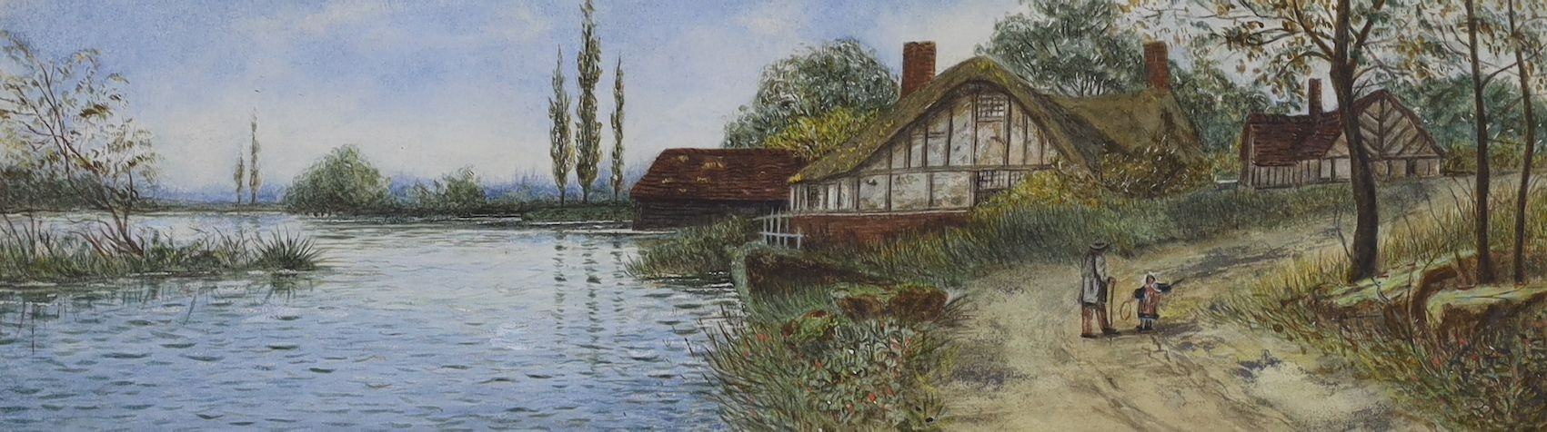 English School c.1900, watercolour, River landscape with figures on a lane, 11.5 x 39cm